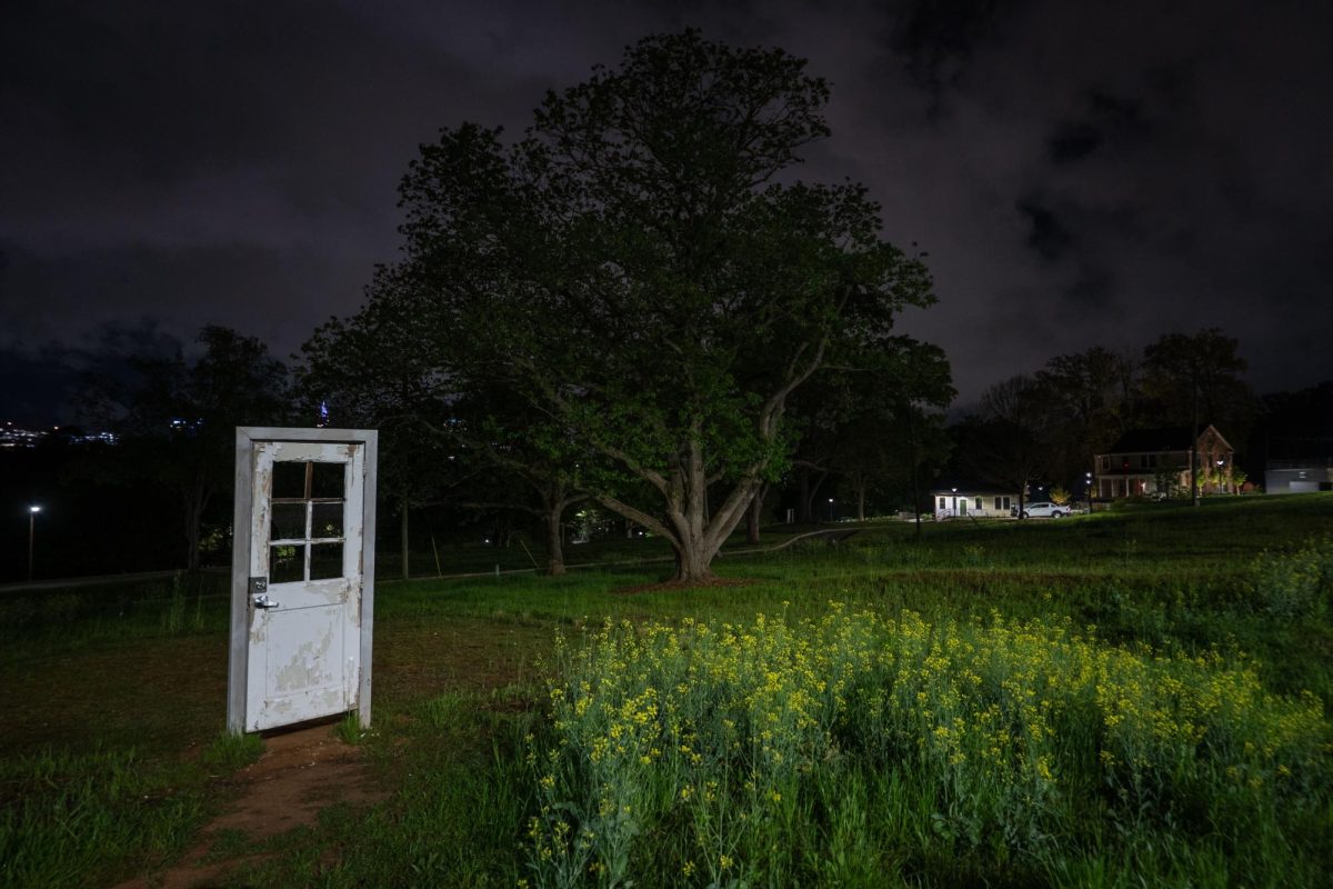 The interactive art installation, Vestora, The Hearth Keeper, sits idle on April 5, 2026. This art installation features the original doors to 11 demolished cottages that once housed physicians at the hospital.