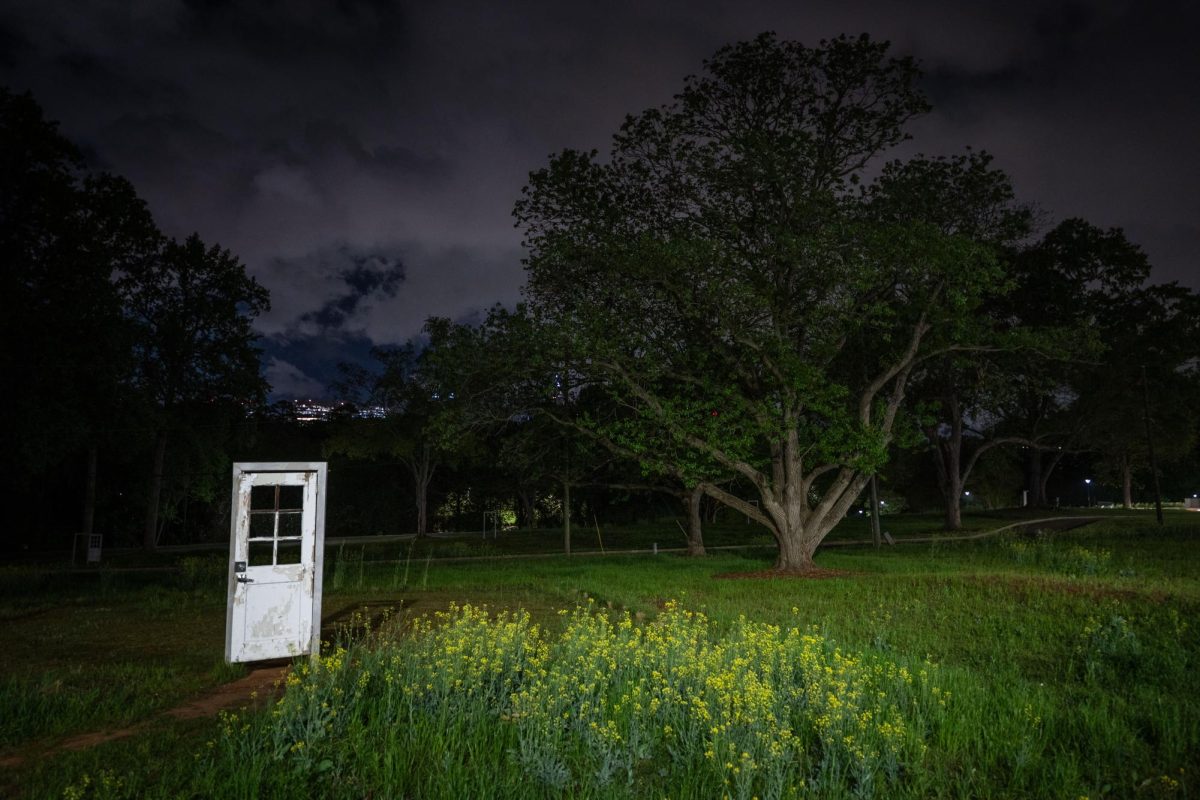 The interactive art installation, Vestora, The Hearth Keeper, sits idle on April 5, 2026. This art installation features the original doors to 11 demolished cottages that once housed physicians at the hospital.