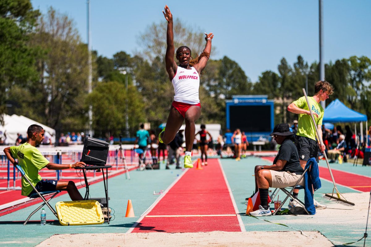 Sophomore Miriama Hunt soars into the air during womens long jump finals during the Duke Invitational at Morris Williams Track and Field Stadium on Saturday, April 11, 2026.

