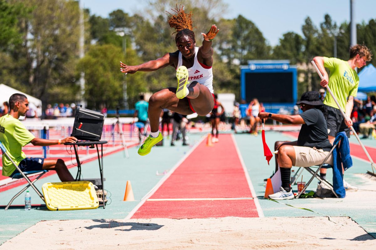 Sophomore Miriama Hunt prepares to land in the sand during womens long jump finals during the Duke Invitational at Morris Williams Track and Field Stadium on Saturday, April 11, 2026.
