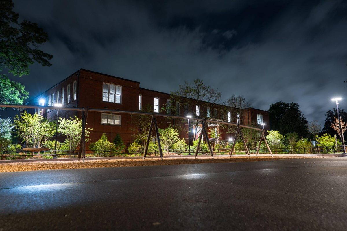 The Harvey Buildings sits across the street from the Gibson Play Plaza on April 5, 2026. The Harvey building used to house mentally ill patients for the Dorothea Dix Hospital. 