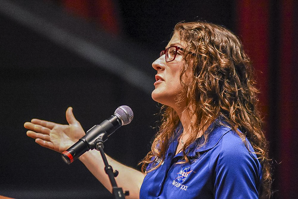 Astronaut Christina Koch, a 2002 NC State alum, answers questions after speaking at Stewart Theater for the scholar's forum on Monday, Feb. 1, 2016. Koch focused on how she became an astronaut through unconventional methods.