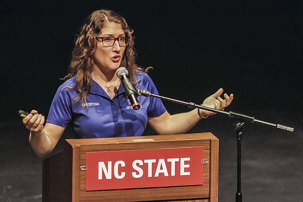 Astronaut Christina Koch,discusses her astronaut training involving engineering during a talk held in Stewart Theater as part of the University Scholars Program Forum on Monday, Feb. 1, 2016.