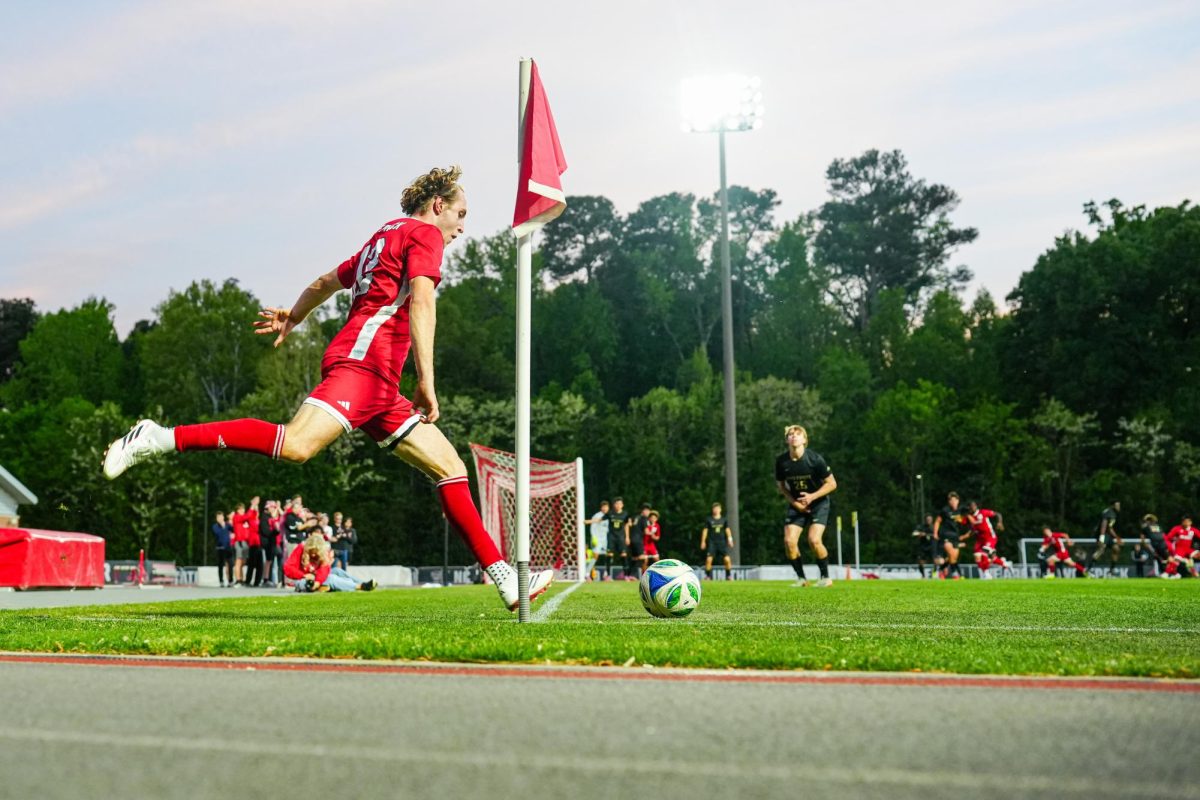 Senior midfielder Tyler Caton takes a corner kick during the game against Wake Forest at Dail Soccer Field on Tuesday, April 7, 2026. NC State beat Wake Forest 3-0.