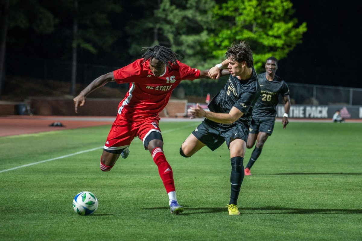 Sophomore forward Mohamed Kallon fights for the ball during the game against Wake Forest at Dail Soccer Field on Tuesday, April 7, 2026. NC State beat Wake Forest 3-0.