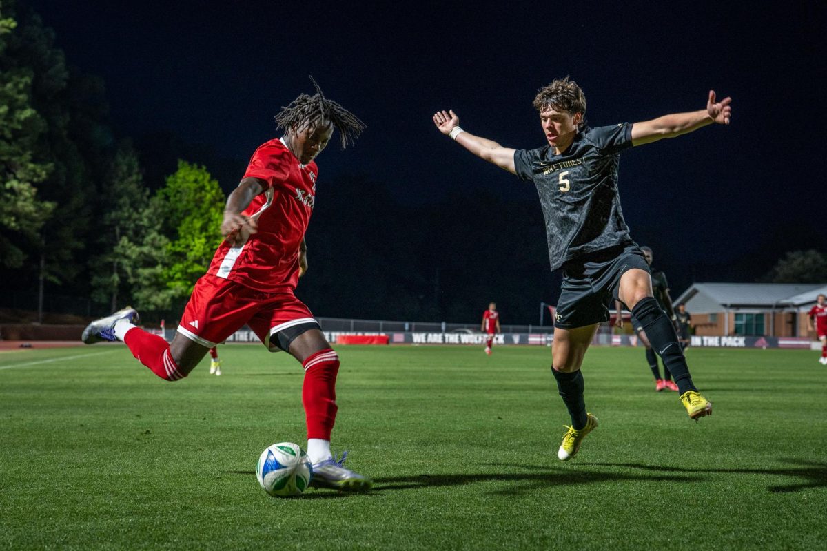 Sophomore forward Mohamed Kallon passes the ball during the game against Wake Forest at Dail Soccer Field on Tuesday, April 7, 2026. NC State beat Wake Forest 3-0.