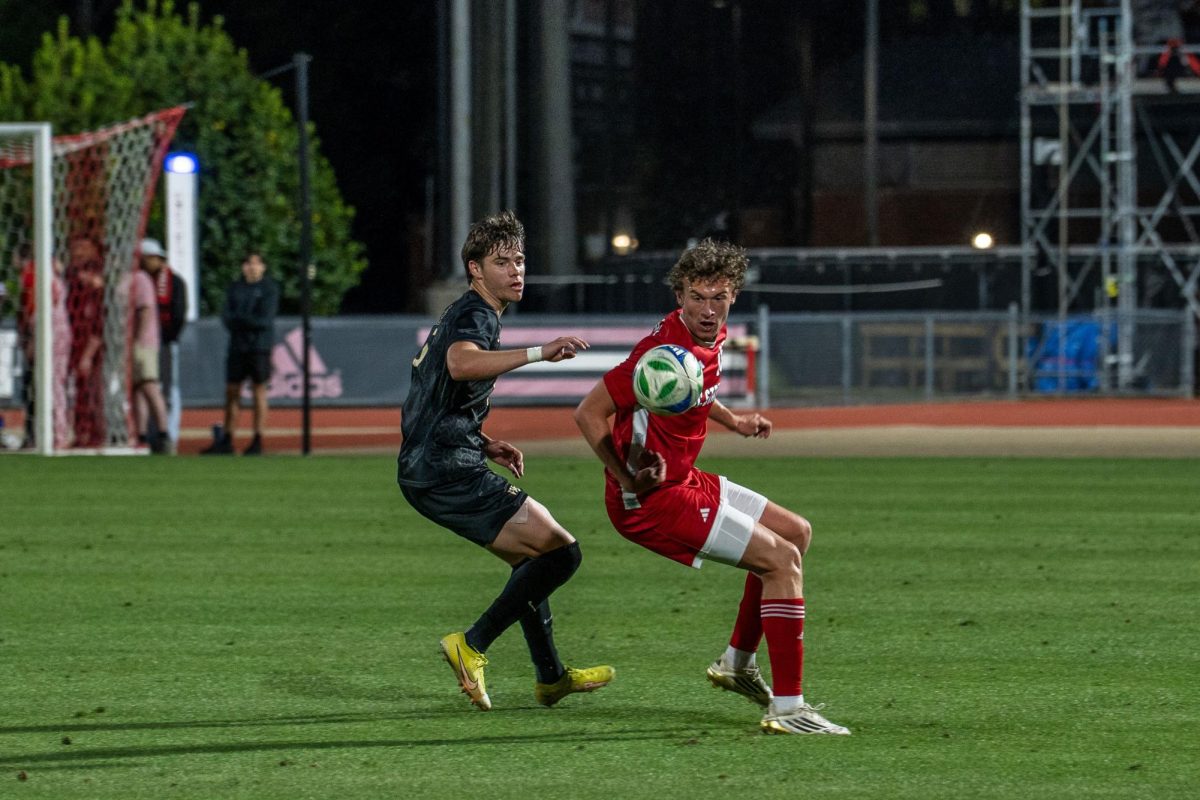 Redshirt senior forward Aidan Payne receives the ball during the game against Wake Forest at Dail Soccer Field on Tuesday, April 7, 2026. NC State beat Wake Forest 3-0. 
