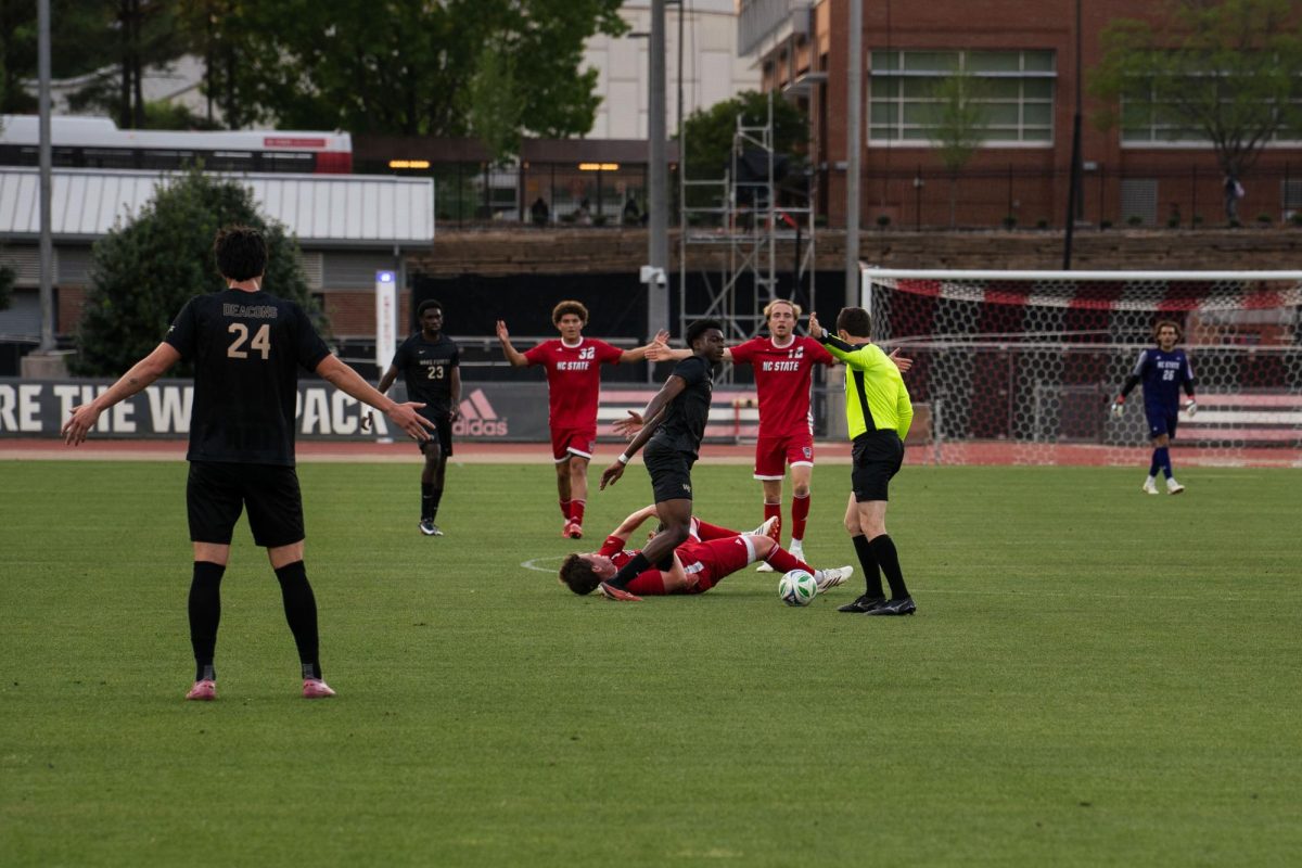 NC State receives a free kick after a foul during the game against Wake Forest at Dail Soccer Field on Tuesday, April 7, 2026. NC State beat Wake Forest 3-0.