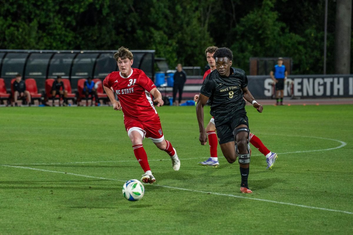 Sophomore forward John Pottle defends during the game against Wake Forest at Dail Soccer Field on Tuesday, April 7, 2026. NC State beat Wake Forest 3-0.