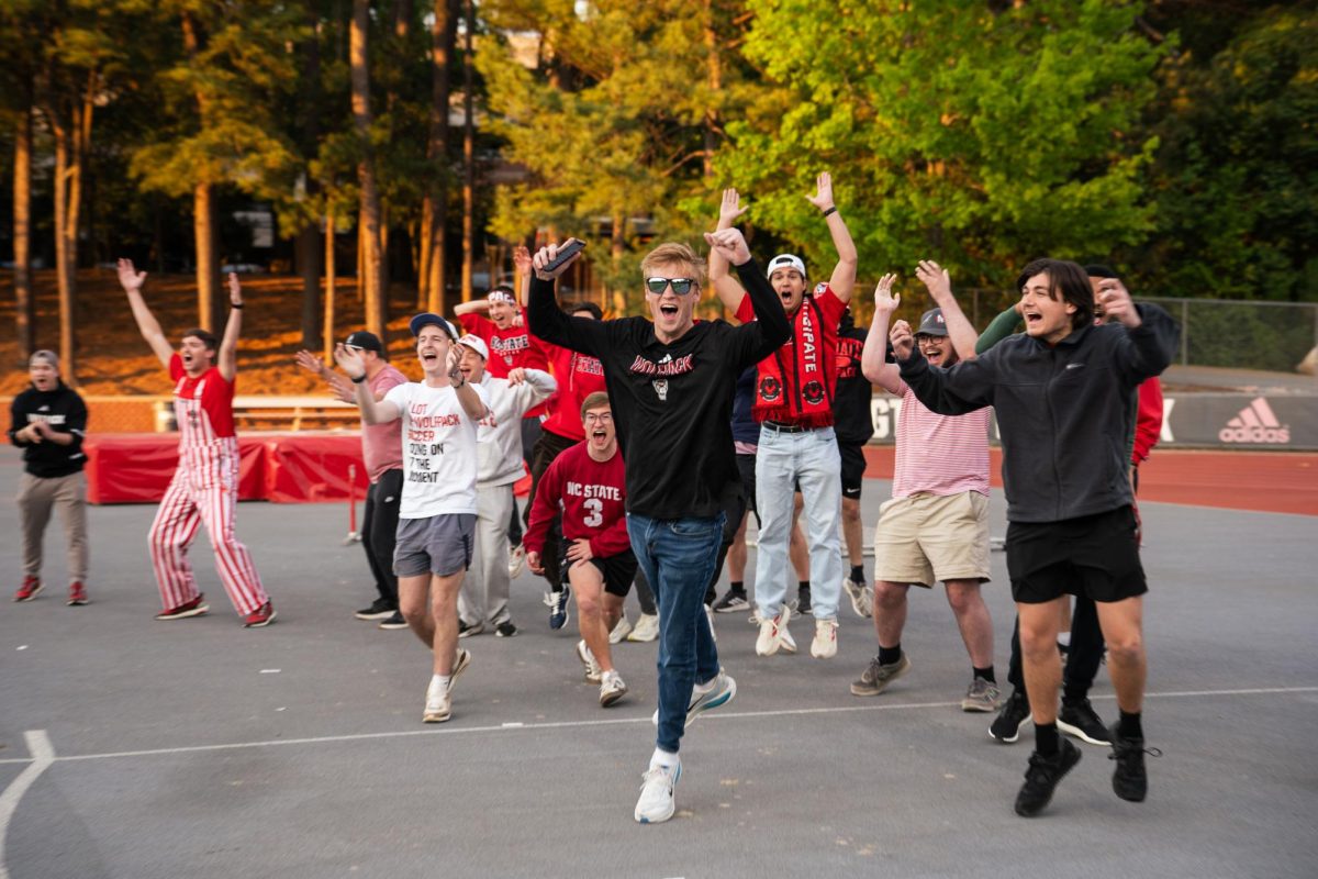 The Red Terrors celebrate after Austin Bush scores during the game against Wake Forest at Dail Soccer Field on Tuesday, April 7, 2026. NC State beat Wake Forest 3-0.