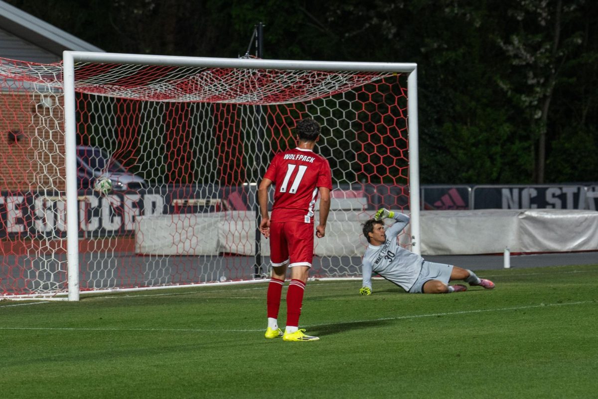 NC State scores during the game against Wake Forest at Dail Soccer Field on Tuesday, April 7, 2026. NC State beat Wake Forest 3-0.
