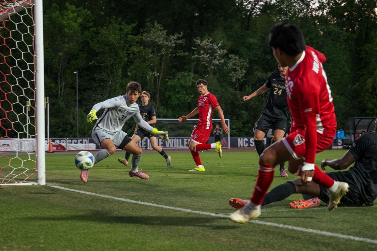 NC State shoots the ball during the game against Wake Forest at Dail Soccer Field on Tuesday, April 7, 2026. NC State beat Wake Forest 3-0.