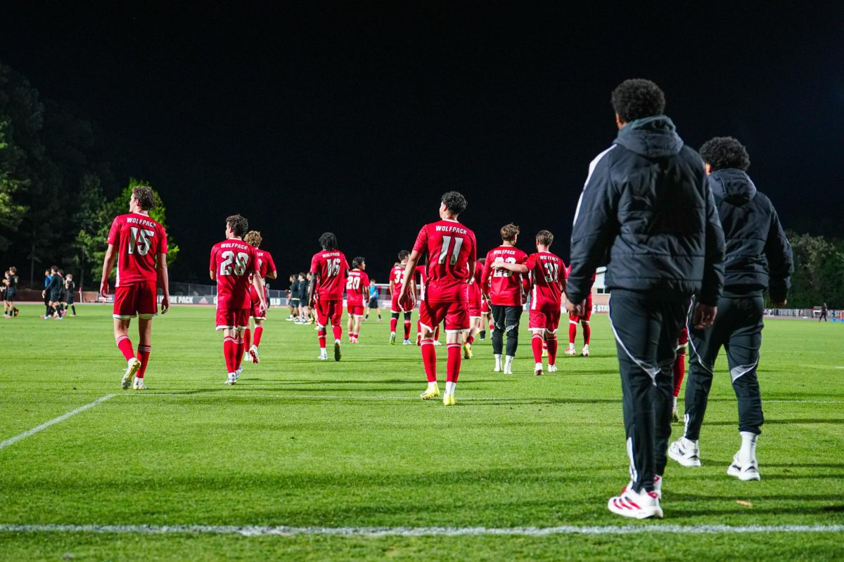NC State Men's Soccer team walks off the field after the game against Wake Forest at Dail Soccer Field on Tuesday, April 7, 2026. NC State beat Wake Forest 3-0.