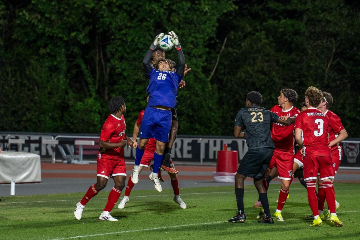 Redshirt junior Samuel Terranova saves the ball during the game against Wake Forest at Dail Soccer Field on Tuesday, April 7, 2026. NC State beat Wake Forest 3-0.
