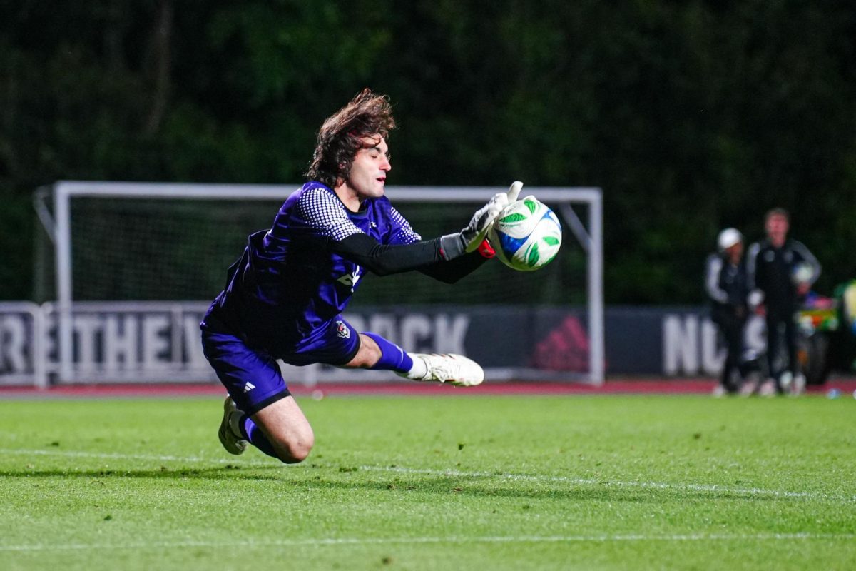 Redshirt junior goalkeeper Samuel Terranova makes a save during the game against Wake Forest at Dail Soccer Field on Tuesday, April 7, 2026. NC State beat Wake Forest 3-0.