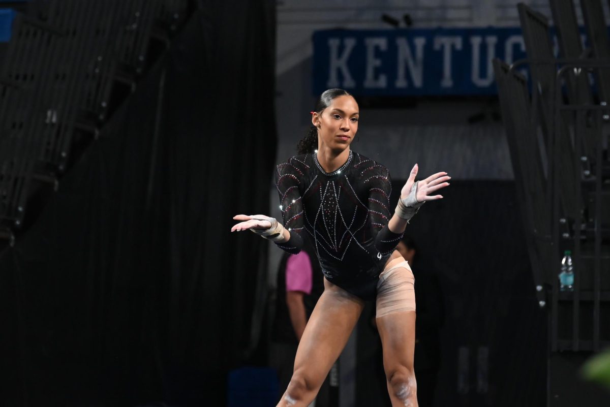 Sophomore Ava Myers dances for her floor routine at the NCAA Regional meet against Arkansas, Mizzou, and Maryland at Memorial Coliseum on Friday, Apr. 3, 2026. The Wolfpack fell to the Razorbacks and Tigers with a score of 195.700, marking the end of their 2026 season.