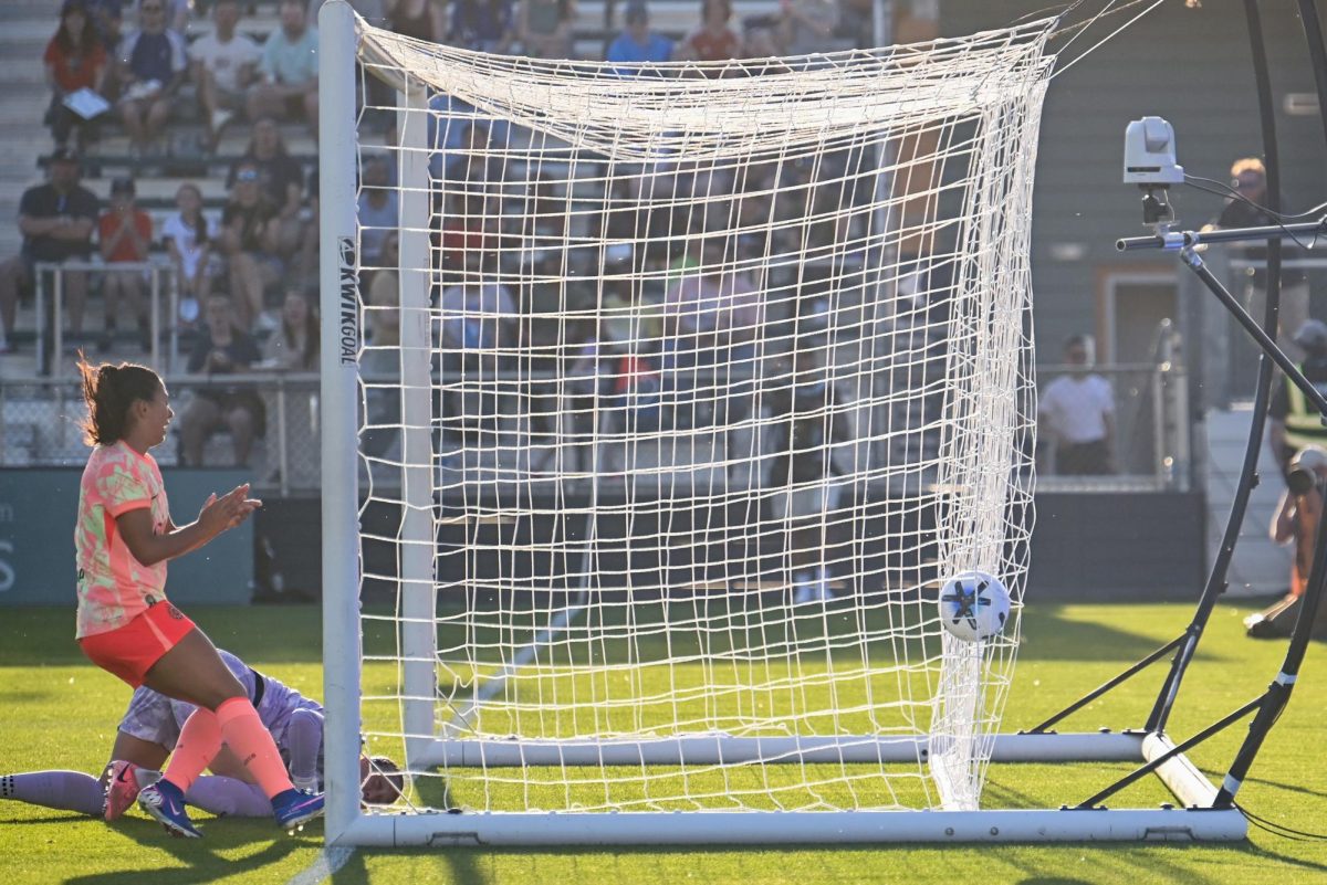 Portland Thorns forward Reilyn Turner's goal goes into the back of the net during the game between the North Carolina Courage and Portland Thorns at First Horizon Stadium on Saturday, Apr. 4, 2026. Courage tied the thorns 2-2.