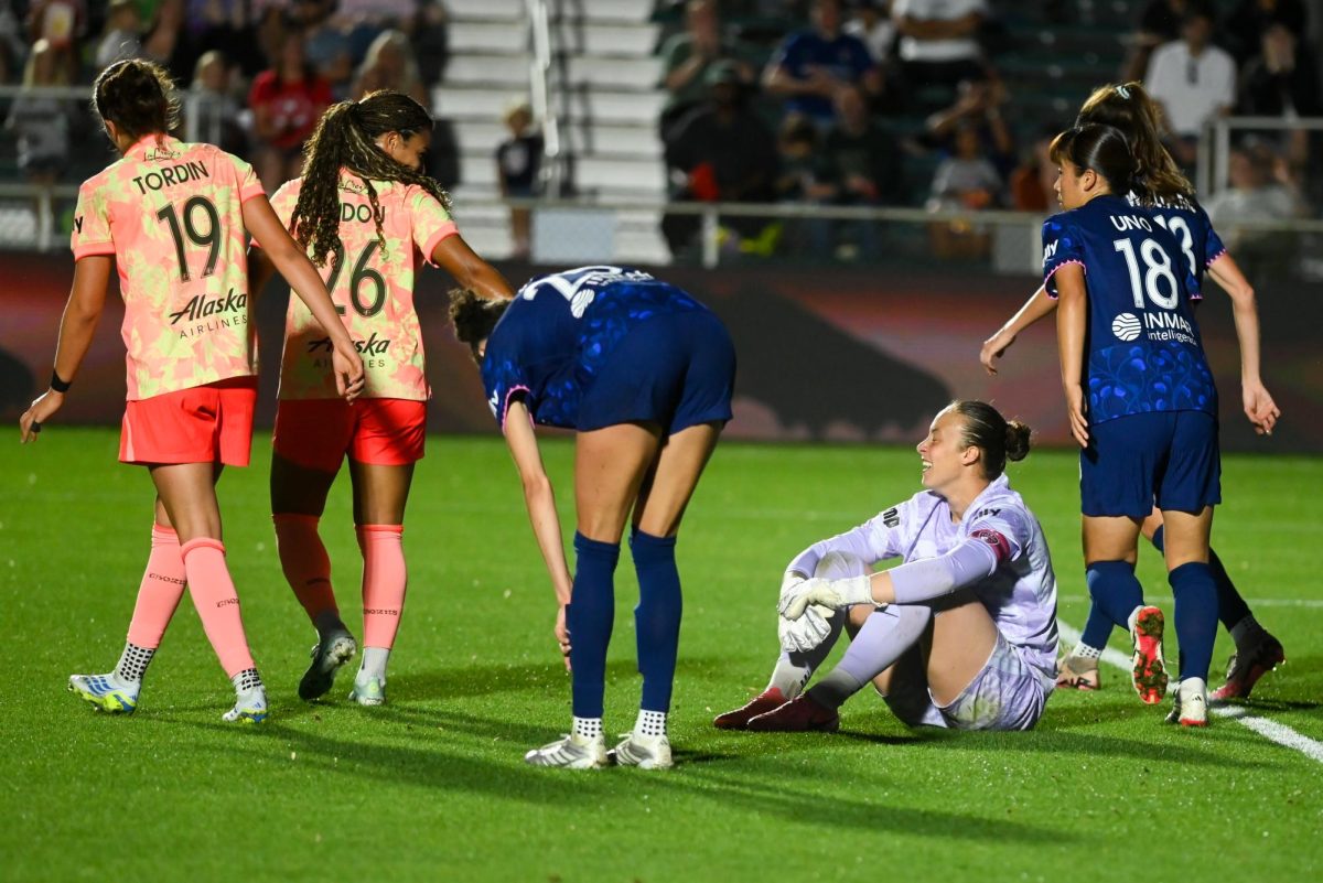 Goalkeeper Kailen Sheridan sits after saving a goal during the game between the North Carolina Courage and Portland Thorns at First Horizon Stadium on Saturday, Apr. 4, 2026. Courage tied the thorns 2-2.