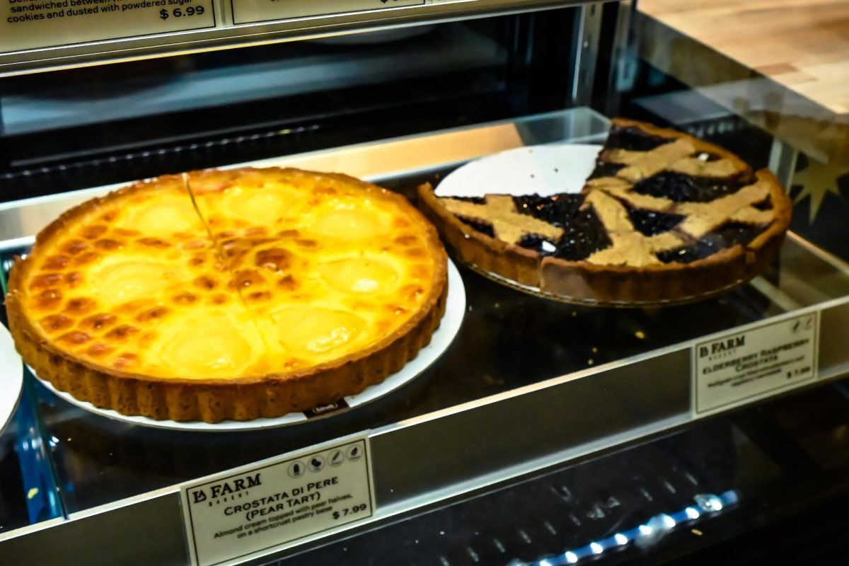 A pear tart sits waiting to be served in the glass case at La Farm Bakery in Park Shops on Thursday, Aug. 28, 2025. La Farm Bakery is Cary-based and has award winning breads, pastries and coffee!