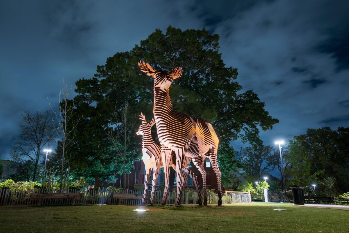 The Meadow of the Deer stands as the night passes in Dorothea Dix park on April 5, 2026. The Meadow of the Deer was an art installation created by Mark Reigelman.