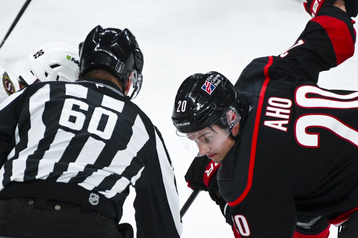 Center Sebastian Aho waits for the puck drop during the round one playoff game versus the Ottawa Senators at the Lenovo Center on Monday, April 20, 2026. Aho scored one goal for the Hurricanes. The Hurricanes beat the Senators 3-2 in double overtime.