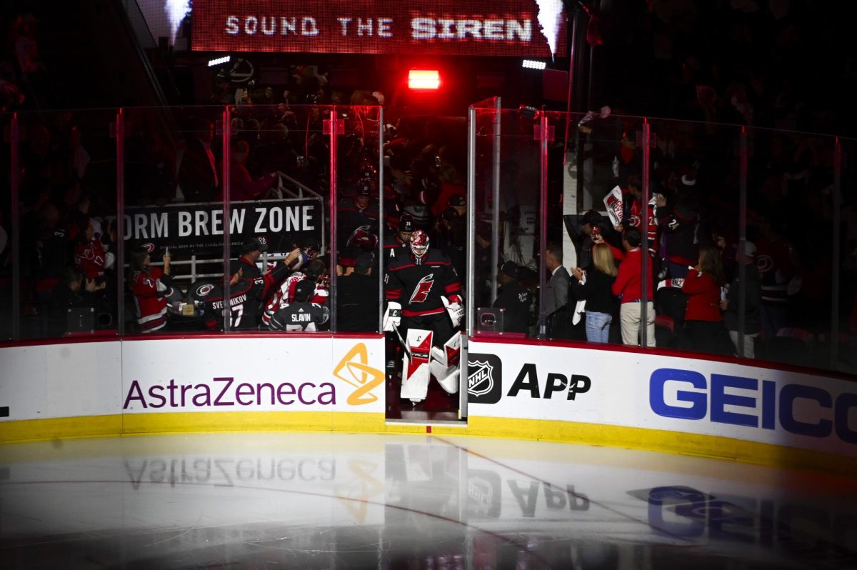 Goalie Frederik Andersen walks onto the ice during the round one playoff game versus the Ottawa Senators at the Lenovo Center on Monday, April 20, 2026. The Hurricanes beat the Senators 3-2 in double overtime.