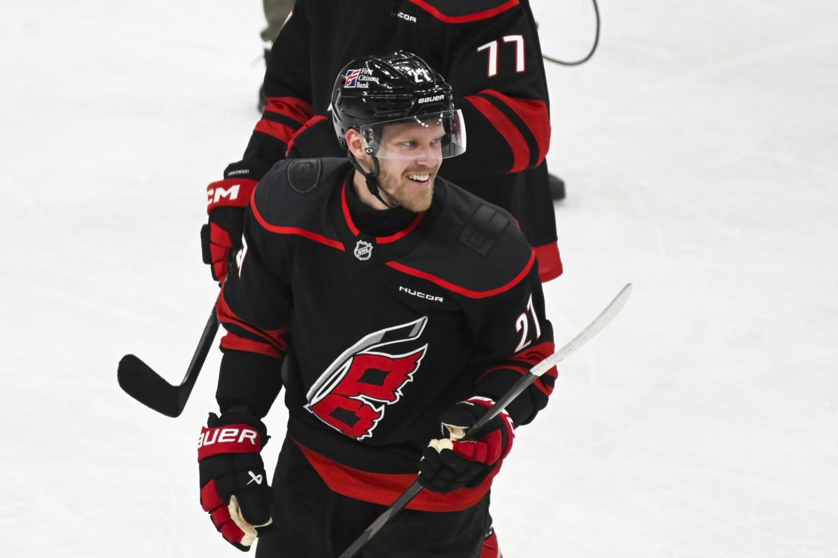 Left wing Nikolaj Ehlers celebrates after the round one playoff game versus the Ottawa Senators at the Lenovo Center on Monday, April 20, 2026. The Hurricanes beat the Senators 3-2 in double overtime.