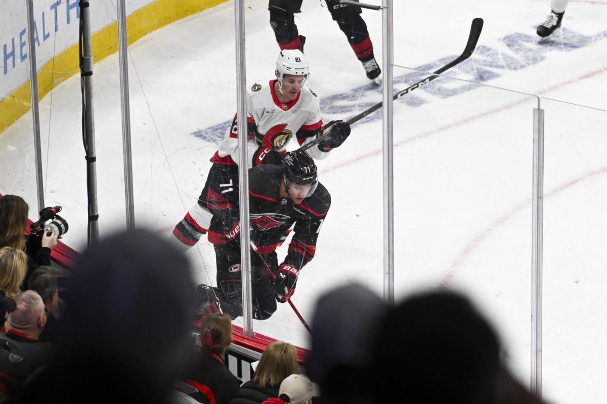 Left wing Taylor Hall skates toward the puck during the round one playoff game versus the Ottawa Senators at the Lenovo Center on Monday, April 20, 2026. The Hurricanes beat the Senators 3-2 in double overtime.