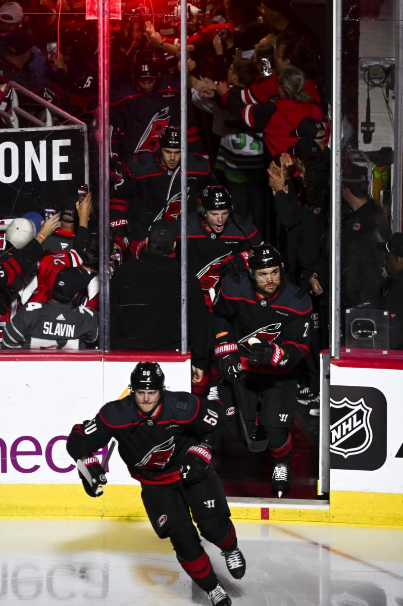 Hurricanes players run onto the ice during the round one playoff game versus the Ottawa Senators at the Lenovo Center on Monday, April 20, 2026. The Hurricanes beat the Senators 3-2 in double overtime.