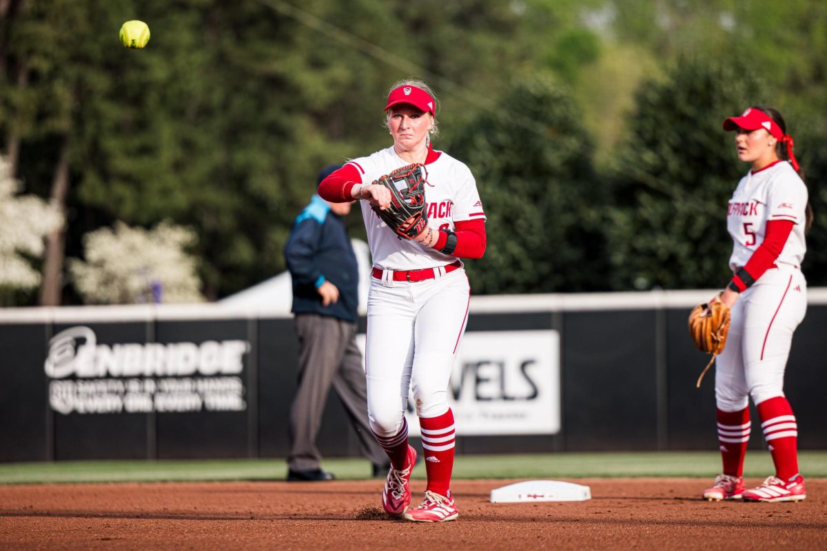 Freshman infielder Carly Short throws the ball while warming up during the game against Arizona State at Dail Softball Stadium on Wednesday, March 25, 2026. The Wolfpack fell to the Sun Devils 7-3.
