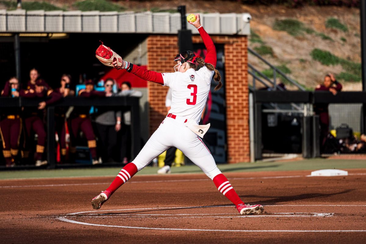 Freshman utility Morgan Talley starts her wind up while pitching during the game against Arizona State at Dail Softball Stadium on Wednesday, March 25, 2026. The Wolfpack fell to the Sun Devils 7-3.
