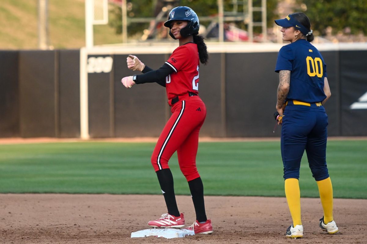 Senior left fielder MaKayla Marbury celebrates during the game against California at Dail Softball Stadium on Sunday, April 12, 2026. Marbury had two hits in four at bats. NC State beat California 10-9.
