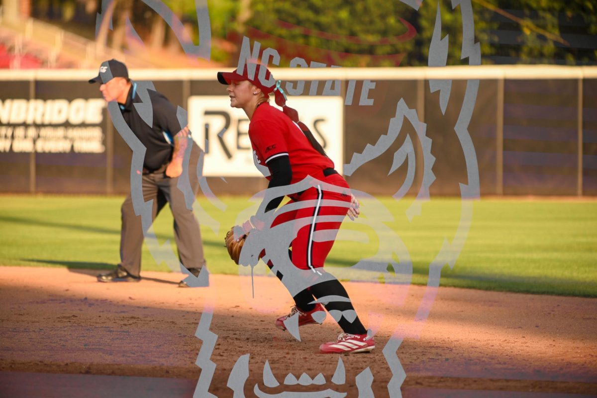 Freshman infielder Carly Short prepare for the ball during the game against California at Dail Softball Stadium on Sunday, April 12, 2026. Short went 1-for-4. NC State beat California 10-9. (Double expousure)