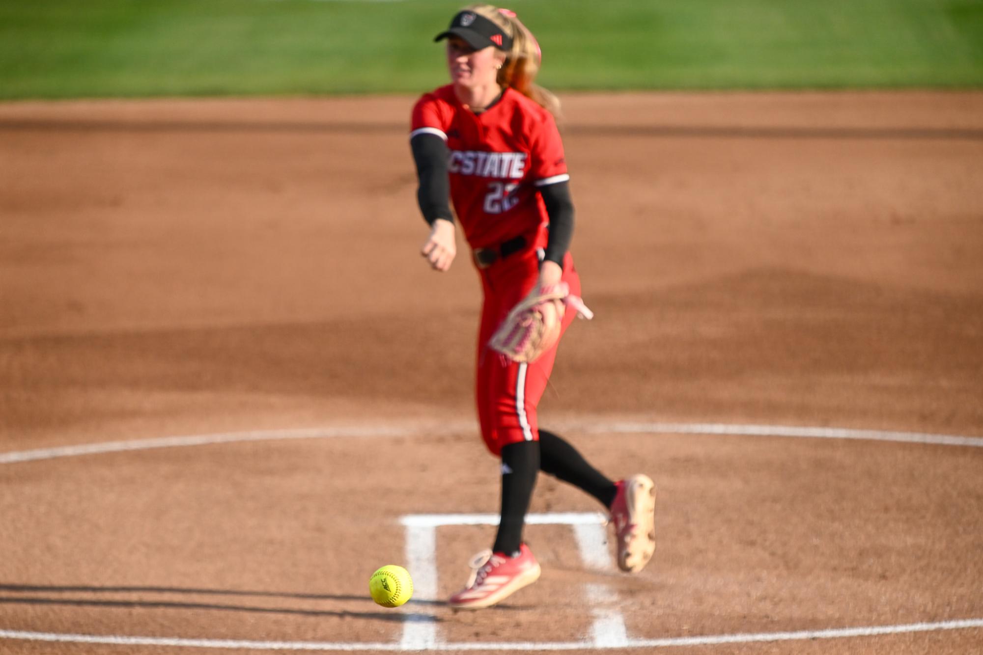 Senior right handed pitcher Rylee Wyman pitches the ball during the game against California at Dail Softball Stadium on Sunday, April 12, 2026. Wyman totaled two strikeouts in two innings. NC State beat California 10-9.