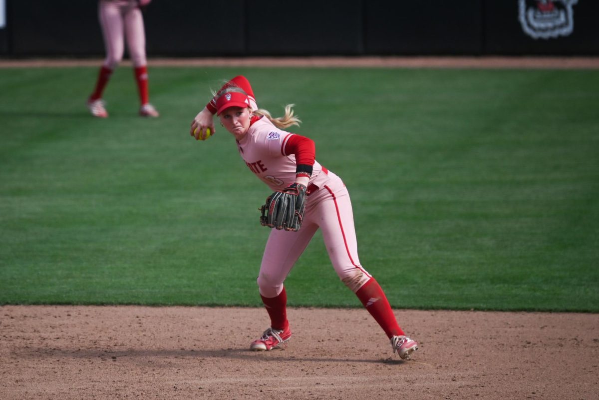 Freshman infielder Carly Short fires a ball to first during the game against UNC at Dail Softball Stadium on Saturday, April 4th, 2026. The Wolfpack fell to the Tarheels 2-4. 