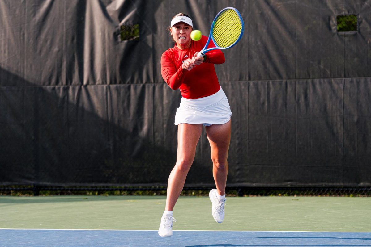 Senior Anna Zyryanova hits the ball during her match against Duke at Cary Tennis Park on Wednesday, April 8, 2026. The Wolfpack fell to the Blue Devils 3-4.