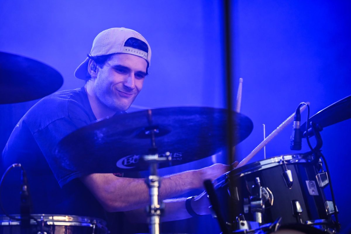 Odd 39 drummer Anthony Vocaturo, a third year in the College of Natural Resources, hits a fill during the Wolfstock concert on Miller Fields on Saturday, April 18, 2026. Odd 39 opened for the Wolfstock concert, which also featured K-CAMP and Yung Gravy. 