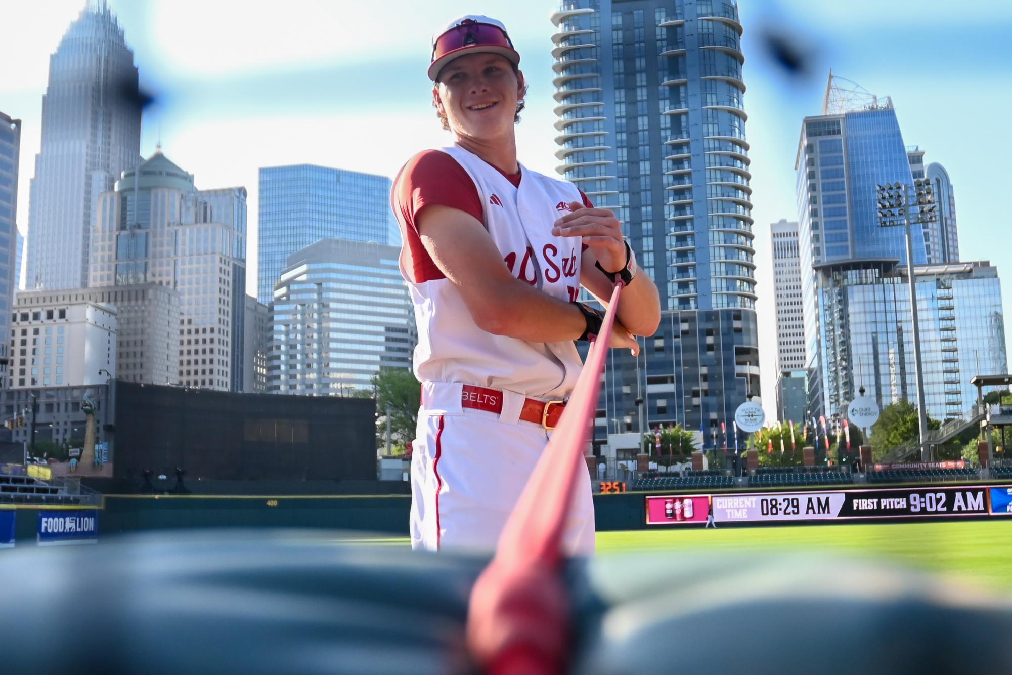 Freshman left handed pitcher Luke Hemric streches before the game against Duke at Truist field on Tuesday, May 19, 2026. NC State lost to Duke 21-12.