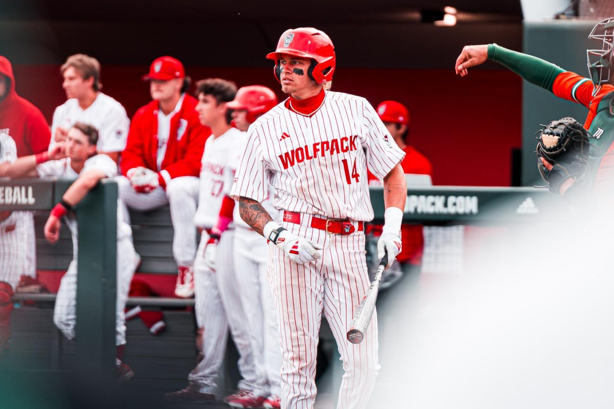 Sophomore outfielder Ty Head waits to begin his at-bat during the first game of the doubleheader against Miami in Doak Field at Dail Park on Friday, May 1, 2026. The Wolfpack lost to the Hurricanes 12-9.