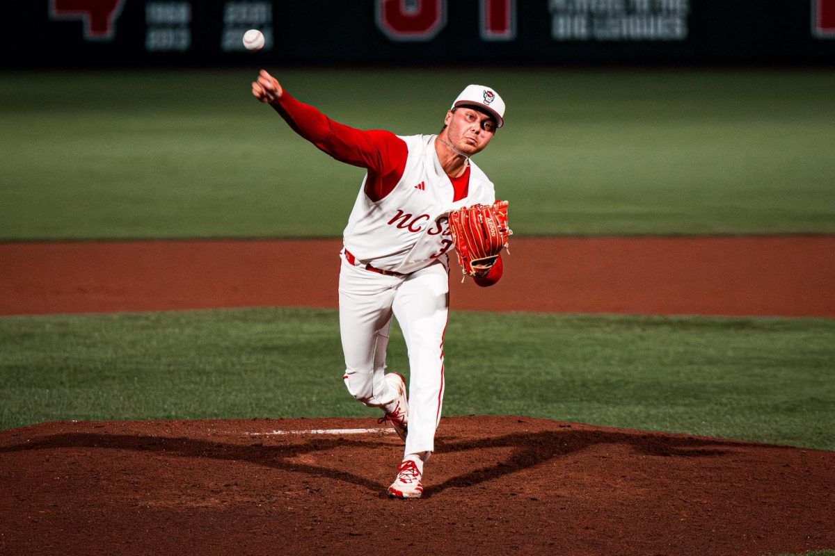 Sophomore right-handed pitcher Anderson Nance throws a pitch during the game against Miami in Doak Field at Dail Park on Saturday, May 2, 2026. Nance threw for 5.2 innings, recording nine strikeouts. The Wolfpack defeated the Hurricanes 12-7.