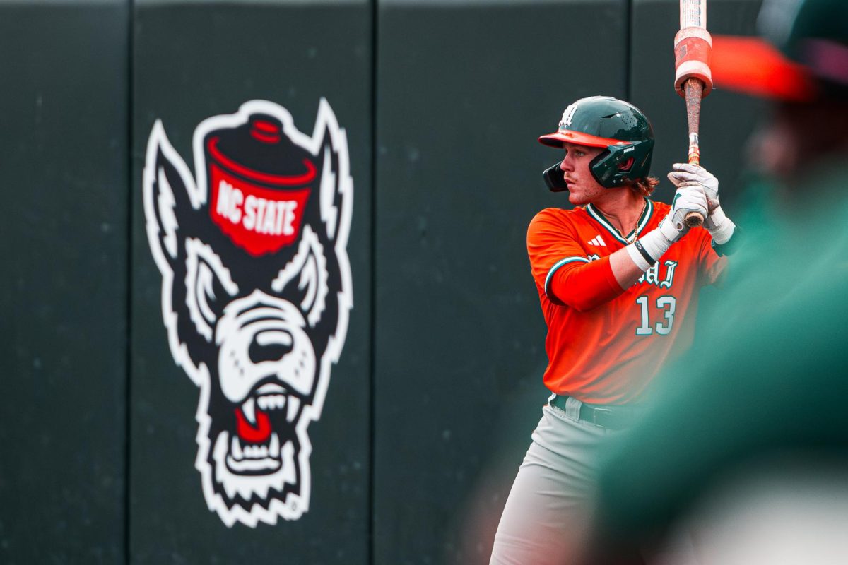 Miami junior Alex Sosa warms up in the batters box during the first game of the doubleheader against Miami in Doak Field at Dail Park on Friday, May 1, 2026. Sosa played at NC State for his first two seasons before transferring to the Hurricanes. The Wolfpack lost to the Hurricanes 12-9.