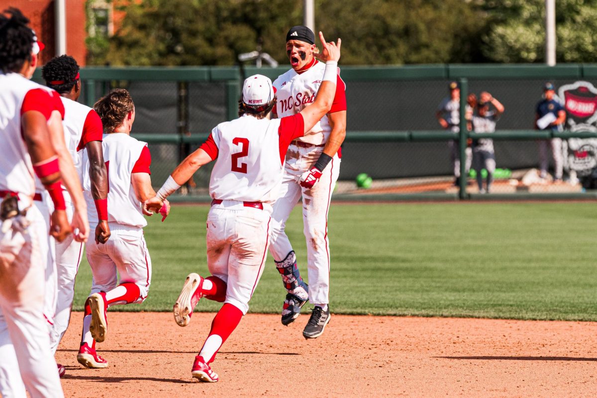 Sophomore outfielder Ty Head turns to his teammates after winning the game against Notre Dame at Doak Field at Dail Park on Saturday, April 4, 2026. NC State defeated Notre Dame 7-6.