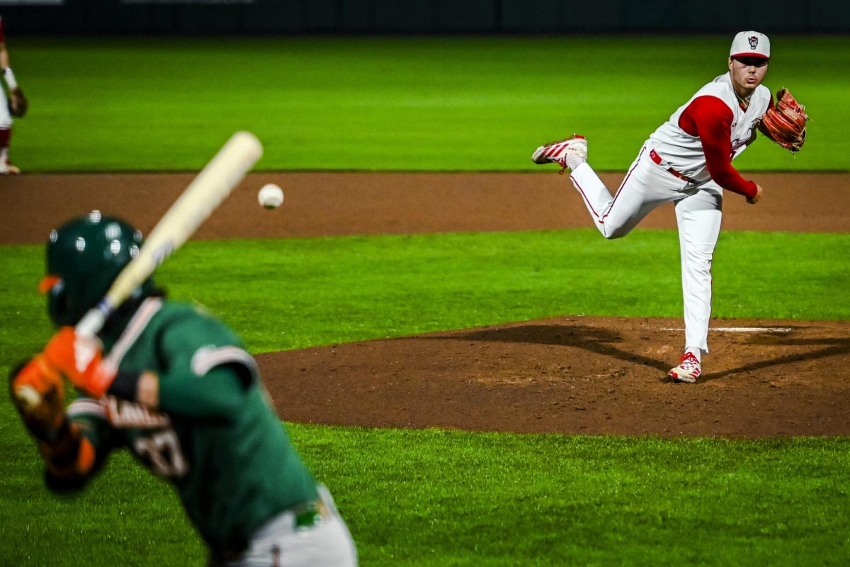 Sophomore right-handed pitcher Anderson Nance fires a pitch during the game against Miami in Doak Field at Dail Park on Saturday, May 2, 2026. Nance threw for 5.2 innings, recording nine strikeouts. The Wolfpack defeated the Hurricanes 12-7.