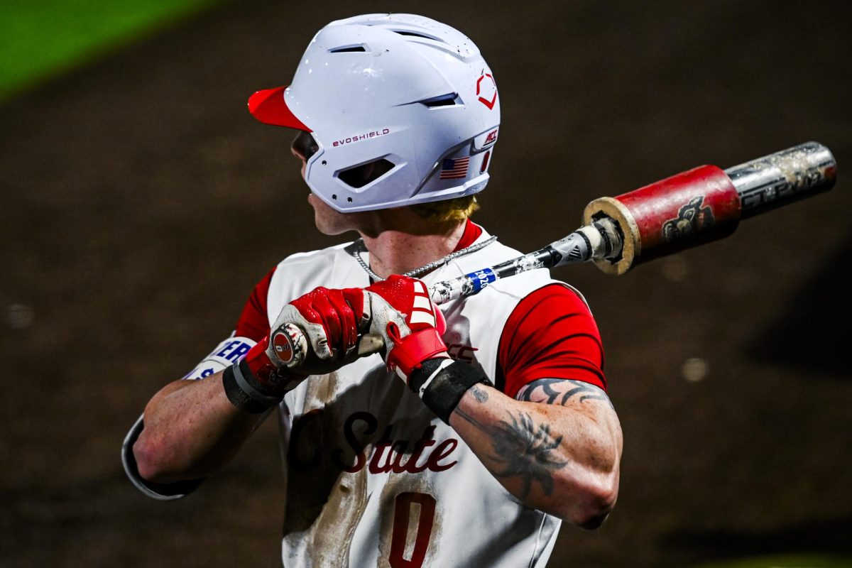 Junior infielder Luke Nixon prepares to bat during the game against Miami in Doak Field at Dail Park on Saturday, May 2, 2026. Nixon recorded two home runs. The Wolfpack defeated the Hurricanes 12-7.