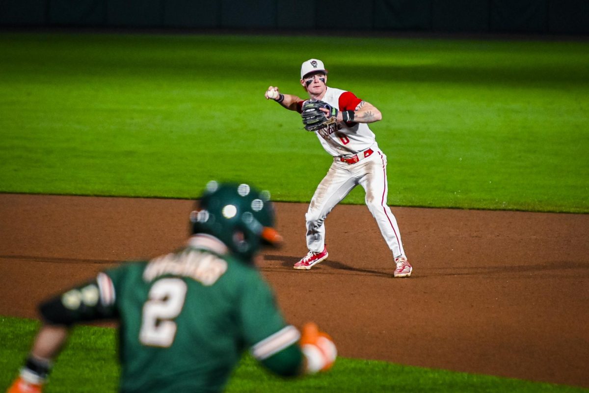 Junior infielder Luke Nixon throws to first during the game against Miami in Doak Field at Dail Park on Saturday, May 2, 2026. The Wolfpack defeated the Hurricanes 12-7.
