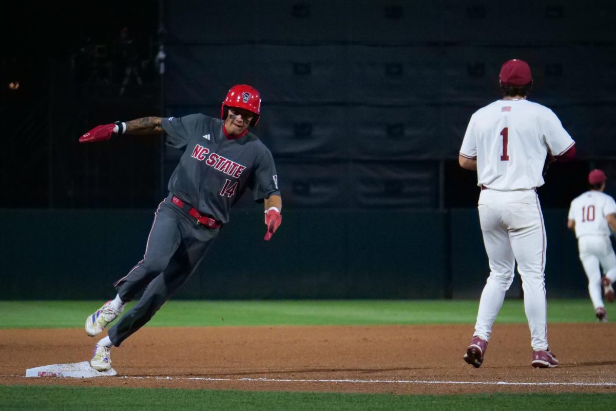 Sophomore outfielder Ty Head rounds third base during the game against Stanford at Klein Field at Sunken Diamond on Friday, May 8, 2026. The Wolfpack fell to the Cardinal 6-5. 