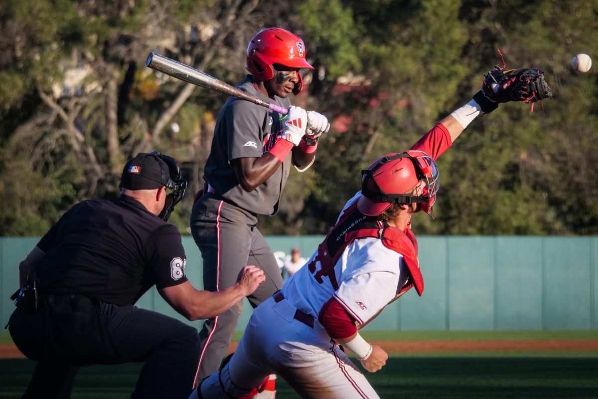 Junior infielder Sherman Johnson watches ball four during the game against Stanford at Klein Field at Sunken Diamond on Friday, May 8, 2026. Johnson was 3-for-3 with three RBIs. The Wolfpack fell to the Cardinal 6-5. 