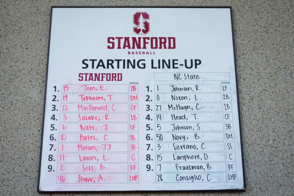 The starting lineups are posted on a whiteboard before the game against Stanford at Klein Field at Sunken Diamond on Friday, May 8, 2026. The Wolfpack fell to the Cardinal 6-5. 
