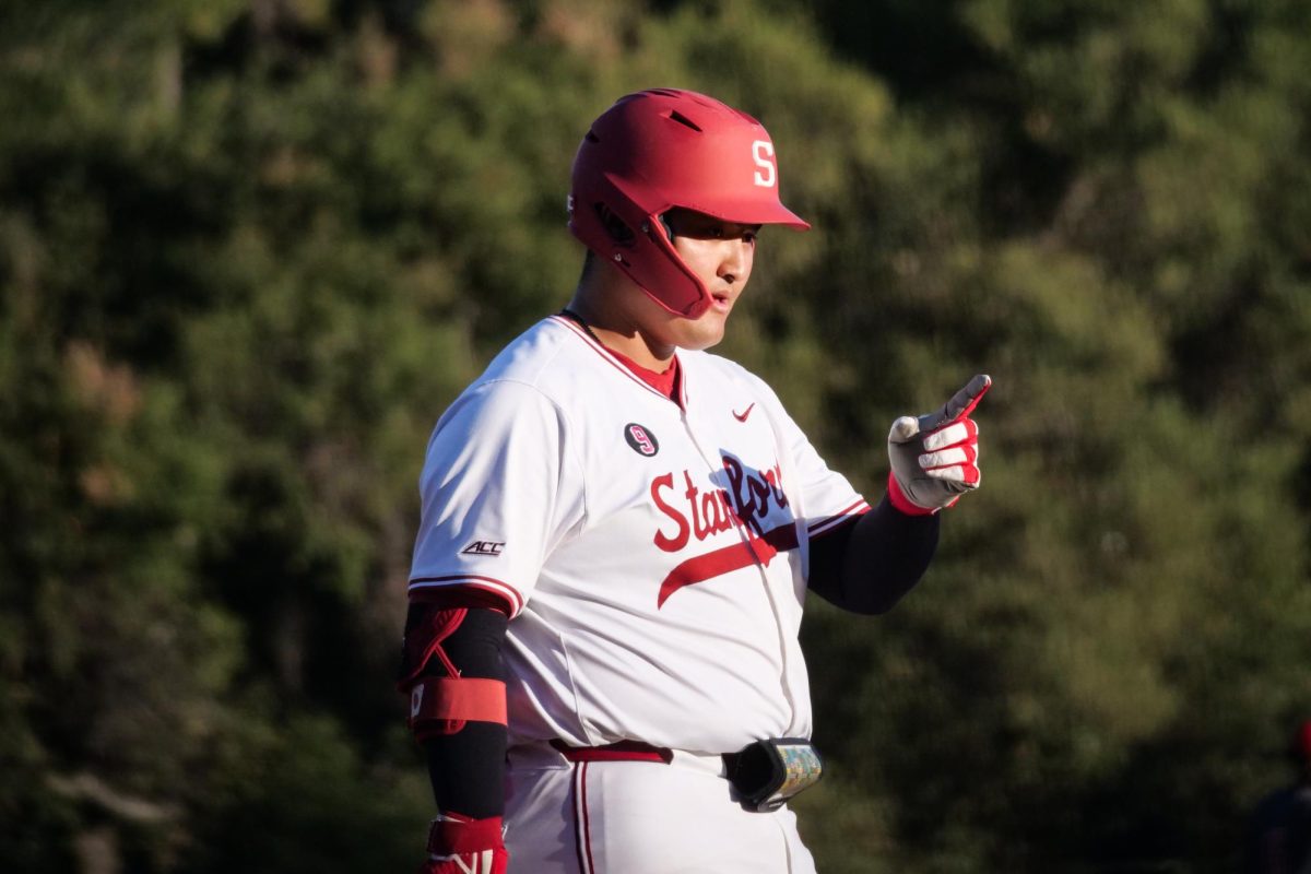 Sophomore infielder Rintaro Sasaki points to the dugout during the game against NC State at Klein Field at Sunken Diamond on Friday, May 8, 2026. The Wolfpack fell to the Cardinal 6-5. 