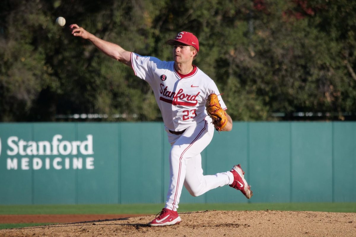Sophomore right-handed pitcher Parker Warner slings a changeup during the game against NC State at Klein Field at Sunken Diamond on Friday, May 8, 2026. Warner threw two and two thirds scoreless innings in the game. The Wolfpack fell to the Cardinal 6-5. 